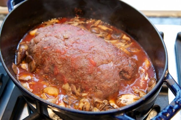 Polpettone in umido (Meatloaf in Tomato and Mushroom Sauce)